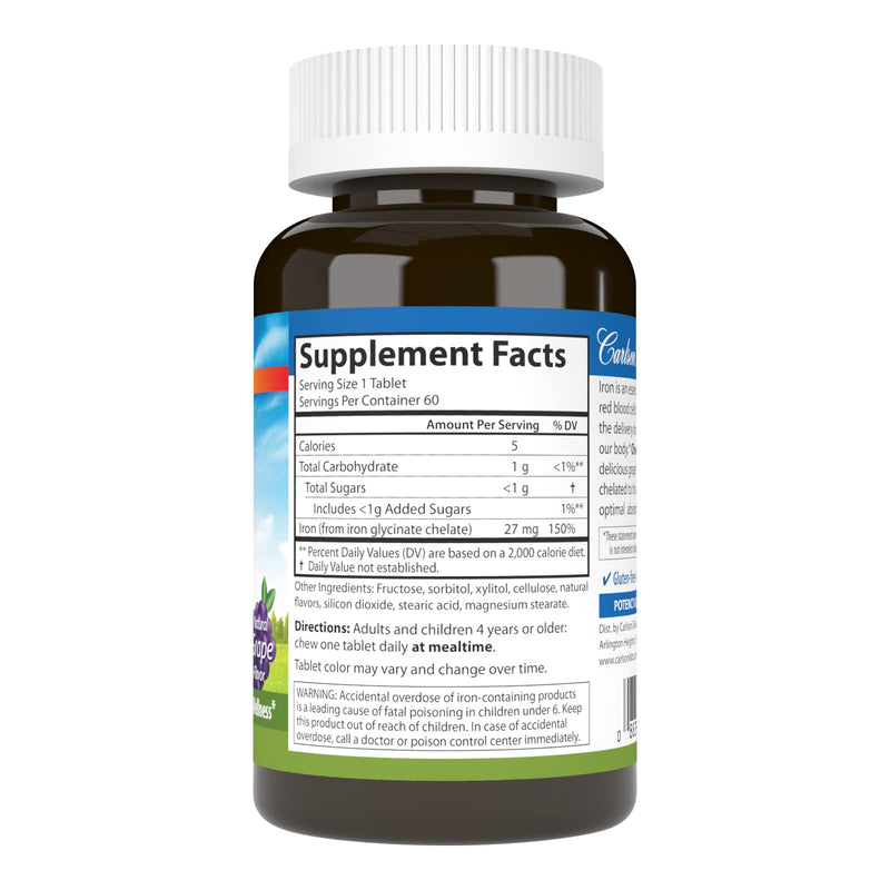 Carlson Chewable Iron, 27 mg, Superior Absorption, 60 Chewable Tablets | Grape; Energy Production; Optimal Wellness Natural Grape 60 Count (Pack of 1)