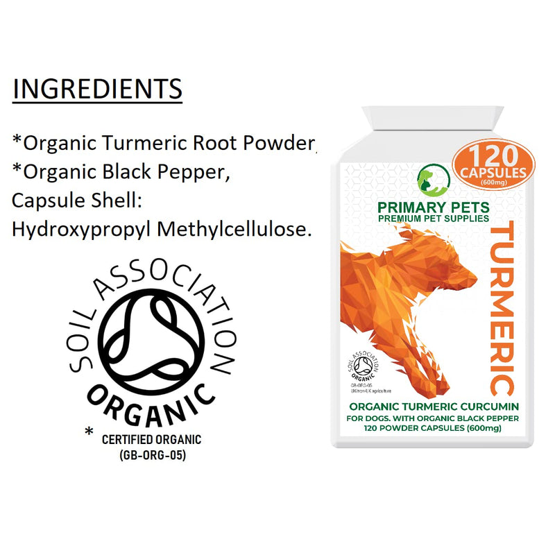 Primary Pets Premium Pet Supplies - Organic Turmeric Capsules for Dogs, 120 x 600mg, Curcumin and Black Pepper Supplement, Supports Joint Health, Mobility and Wellness, Made with Turmeric Powder 120 Powder Capsules