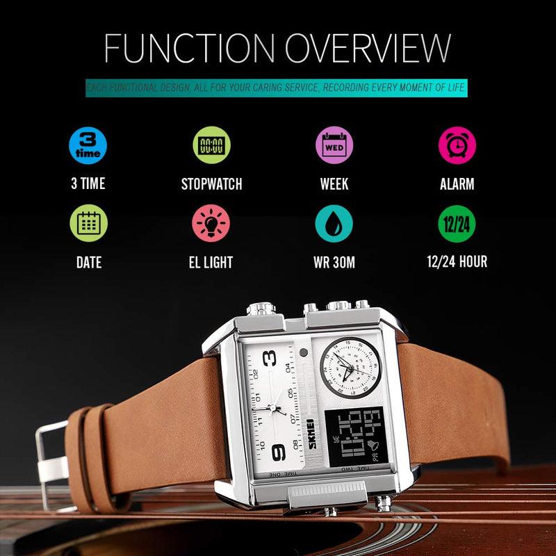 SKMEI Men's Digital Sports Watch, LED Square Large Face Analog Quartz Wrist Watch with Multi-Time Zone Waterproof Stopwatch Silver Brown