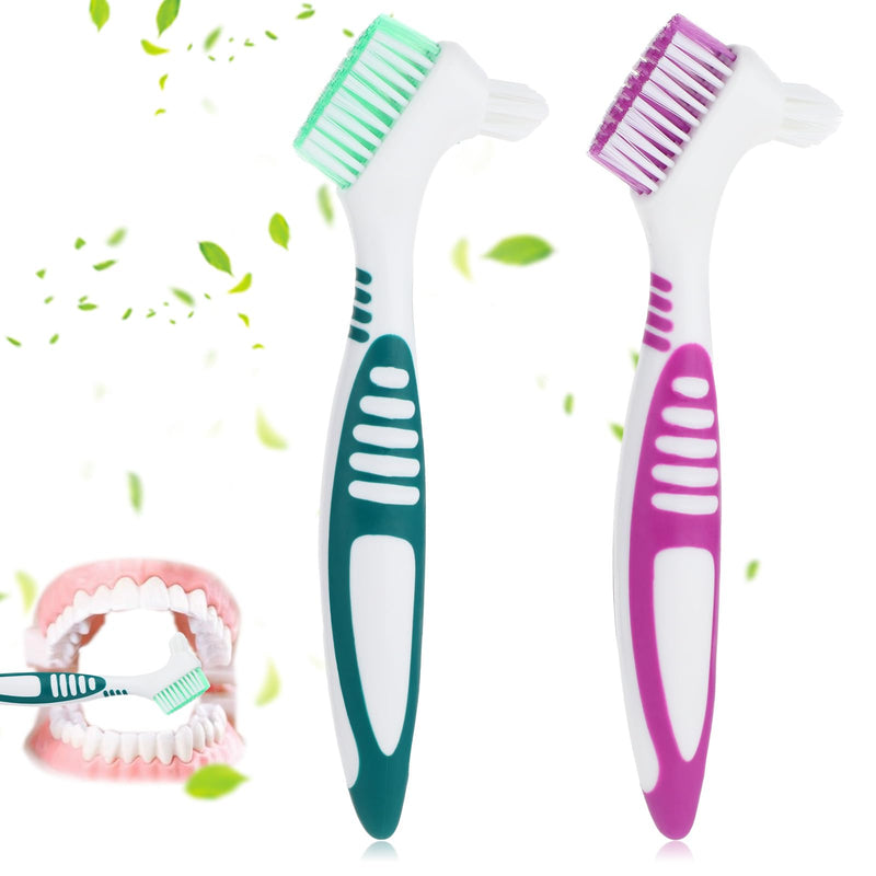 Denture Cleaning Brush Set, 2Pcs Premium Hygiene Denture Toothbrushes for Denture Care Multi-Layered Soft Bristles Ergonomic Rubber Handle Top Denture Cleanser Tool