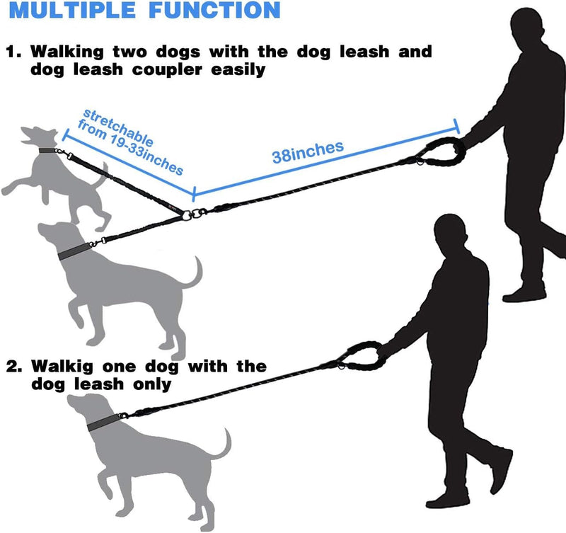 Skruffie’s Love Double Dog Leash, Reflective Dual Dog Leash Shock Absorbent, Anti Tangle Rope Bungee 2 Dogs Leashes for Medium Large Dogs (Black) Black - BeesActive Australia
