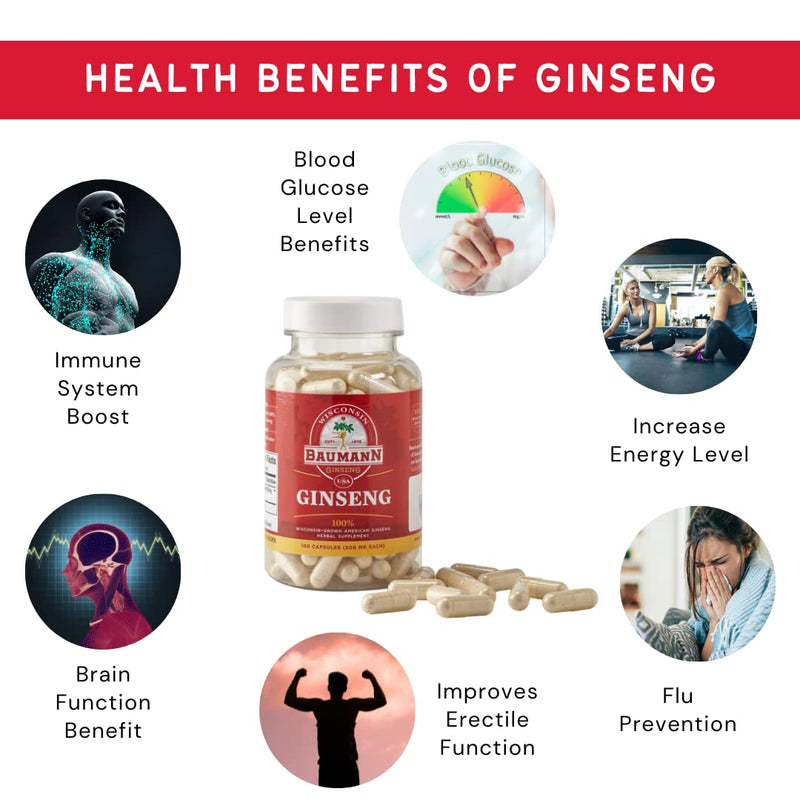 Baumann Wisconsin Ginseng Capsules 130 Pills 400 mg – Pure American Ginseng Root Extract Powder in Each Pill - 100% Natural Panax Ginseng Supplement for Immune Support, Focus and Energy 130 Count (Pack of 1)