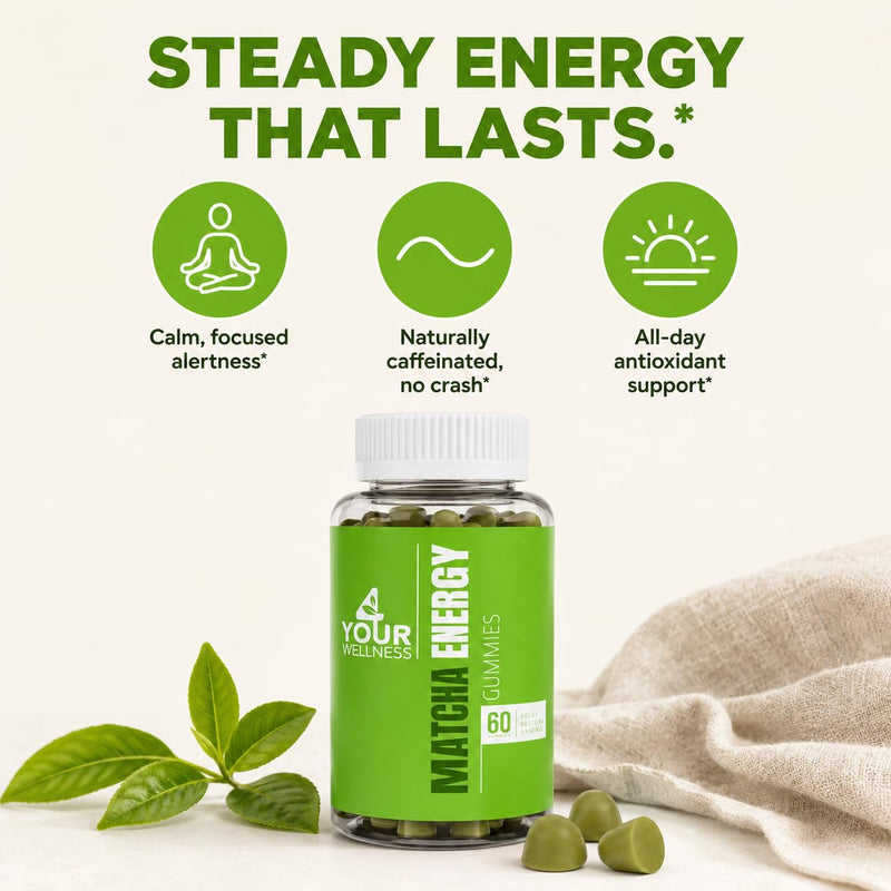 Matcha Green Tea Energy Gummies B12 CoQ10 60 Count | Vitamin B12 and B3, CoQ10, green tea extract, vegan, non GMO, gluten free, Kosher certified, energy and metabolism support Matcha 60 Count (Pack of 1)