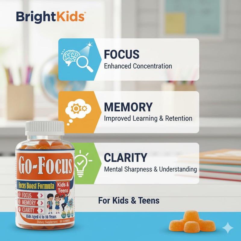 BrightKids Brain Supplements for Memory and Focus, Omega 3 & DHA Focus Gummies for Kids, Memory Booster Focus Supplement for Kids & Teens- Low-Sugar, Natural Fruit Flavor 60 Gummies
