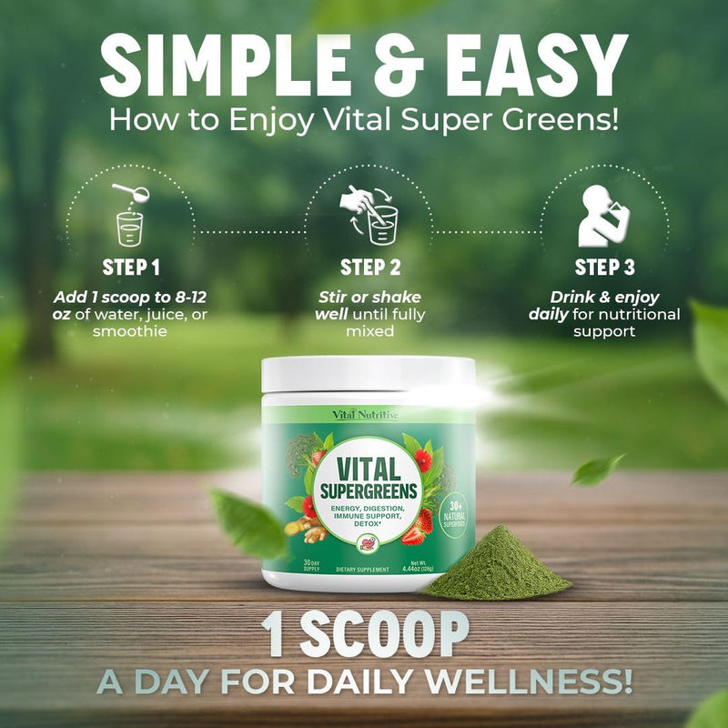 Vital Greens Superfood Powder, 30+ Ingredients ‚Äì Daily Green Drink Powder w/Probiotics & Superfoods ‚Äì Supergreens for Energy, Gut Health, Digestion Support, Plant-Based, Vegan Superfoods