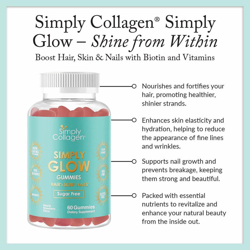 Simply Collagen® Simply Glow Hair, Skin & Nails Gummies – Vegan, Sugar-Free, Gluten-Free – Biotin 5000 mcg – Hair Gummies for Women & Men – 60 Count