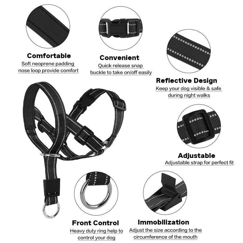 No-Pull Dog Headcollar - Reflective Head Halter Collar for Dogs, Padded Dog Head Collar to Stop Heavy Pulling, Anti-Pull Muzzle Leash (Black, Medium) Black - BeesActive Australia