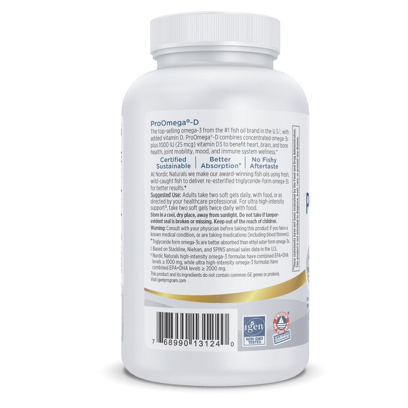 Nordic Naturals ProOmega-D Fish Oil, 1280 mg + 1000 IU D3-120 Softgels | High-potency EPA & DHA fish oil plus vitamin D3 for brain, eye, heart & immune health. 1280 mg omega-3 + 1000 IU D3. Non-GMO Lemon 120 Count (Pack of 1)
