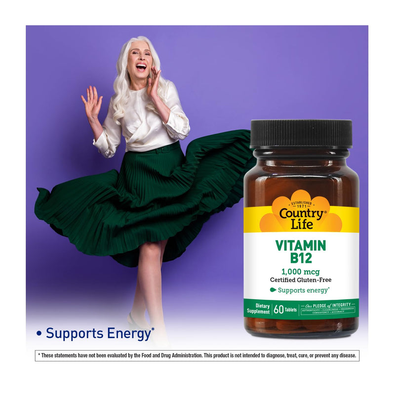 Country Life Vitamin B12 1,000 mcg, Vegan Energy Support, 60 Tablets | One daily tablet supports normal nervous system function and red blood cell formation 60 Count (Pack of 1)