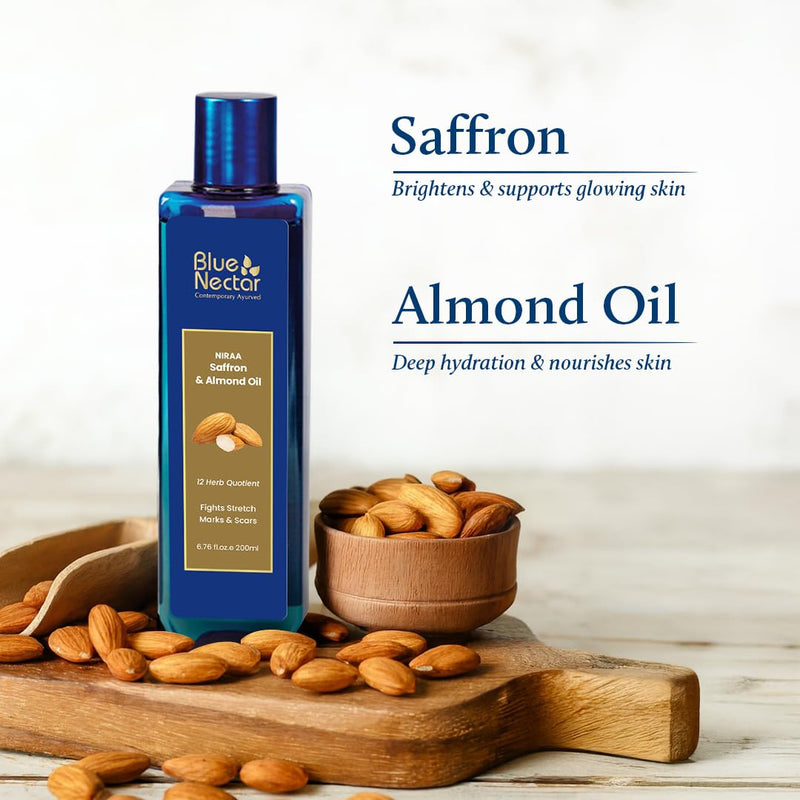 Blue Nectar Saffron & Almond Oil, Ayurveda Product for Crepey Skin | Skin Firming Body Oil for Stretch Marks (12 Herbs, 6.76 Fl Oz) 6.76 Fl Oz (Pack of 1)
