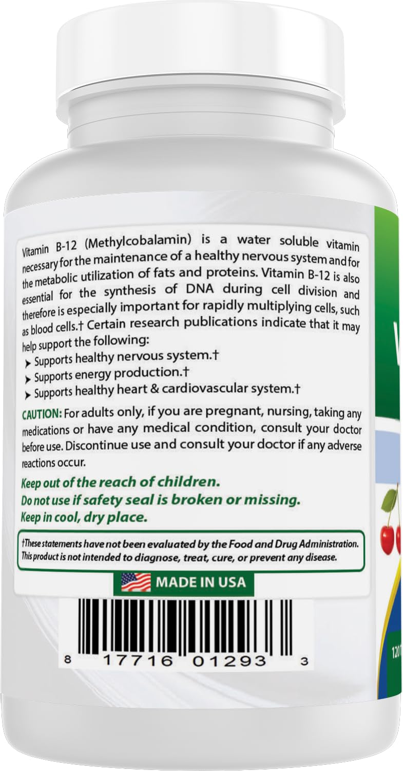 Best Naturals Vitamin B-12 as Methylcobalamin (Methyl B12), 6000 mcg 120 Sublingual Tablets (120 Count (Pack of 3)) Cherry 120 Count (Pack of 3)