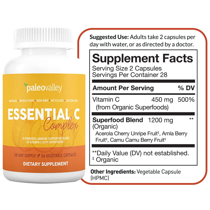 Paleovalley Essential C Complex - Vitamin C Supplement for Immune Support - 1 Pack, 450mg - Organic Superfoods Unripe Acerola Cherry, Camu Camu, Amla Berry - No Synthetic Ascorbic Acid - USA Made 56 Count (Pack of 1) - BeesActive Australia