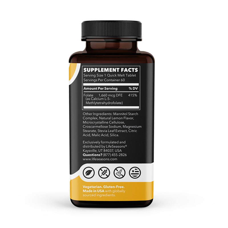 LifeSeasons Essentials Methyl Folate Quick Melts – 5-MTHF Folate Supplement – Supports Methylation Cycle Function & Cellular Health – Lemon Flavor – 60 Quick Melts