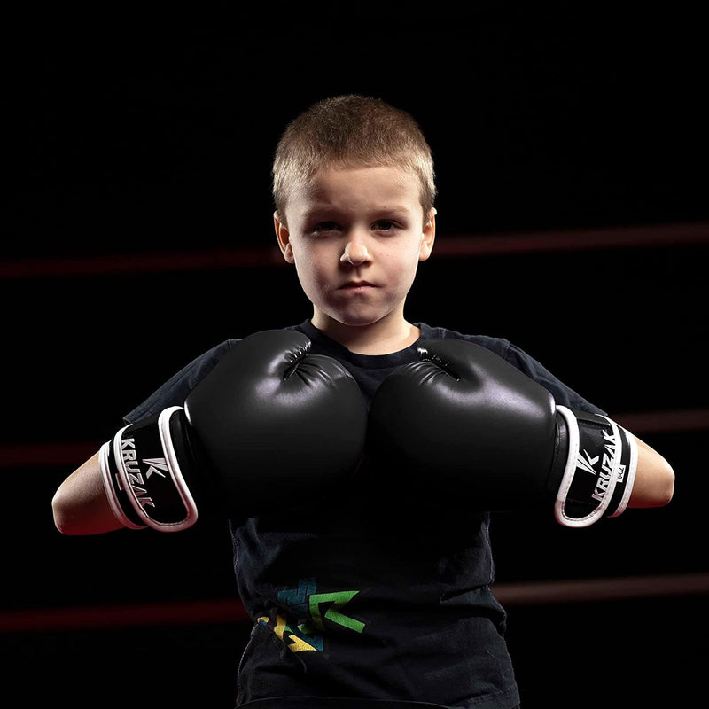 Kruzak Plain Kids Focus Mitts and Boxing Gloves Set for Kickboxing and Muay Thai MMA Training - Unisex Kit with Punching Pads for Martial Arts and Karate Black 4 oz - BeesActive Australia
