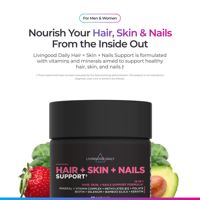 Livingood Daily Hair, Skin & Nails Vitamins, Biotin + Collagen, 60 Capsules | 14-in-1 Supplement for Healthy Hair Growth, Clear Skin, and Nail Strengthener, Biotin + Collagen + Keratin, Made in USA