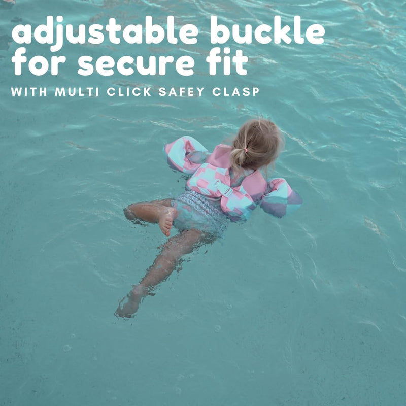 KIDSco Swim Vest for Kids 30-50 lbs. A Puddle Jumper Swimming Float Aid with Shoulder Straps and Arm Water Wings. for Boys and Girls Aged 2-6 Tan Checkerboard