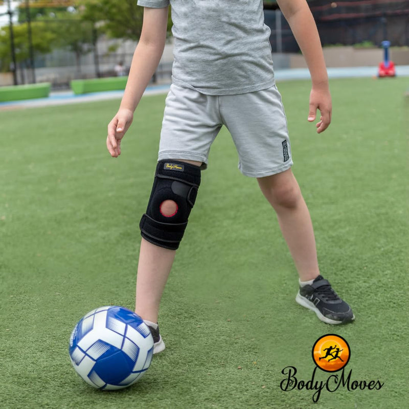 BodyMoves Kid's Knee Brace Support Plus Hot and Cold Ice gel Pack for stabilizing patella meniscus tear ligament injury prevention (SPORTY BLACK) SPORTY BLACK