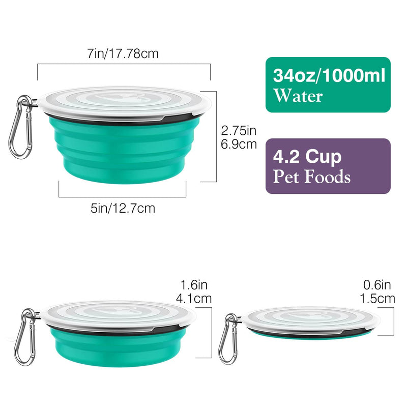 Pawaboo Collapsible Dog Bowls 2 Pack, Silicone Feeding Watering Bowls with Lids & Carabiners for Dogs Cats, Portable Water Feeder Food Bowl for Walking Traveling Home Use, 1000ml, Violet+Turquoise 1000ml(Pack of 2) - BeesActive Australia