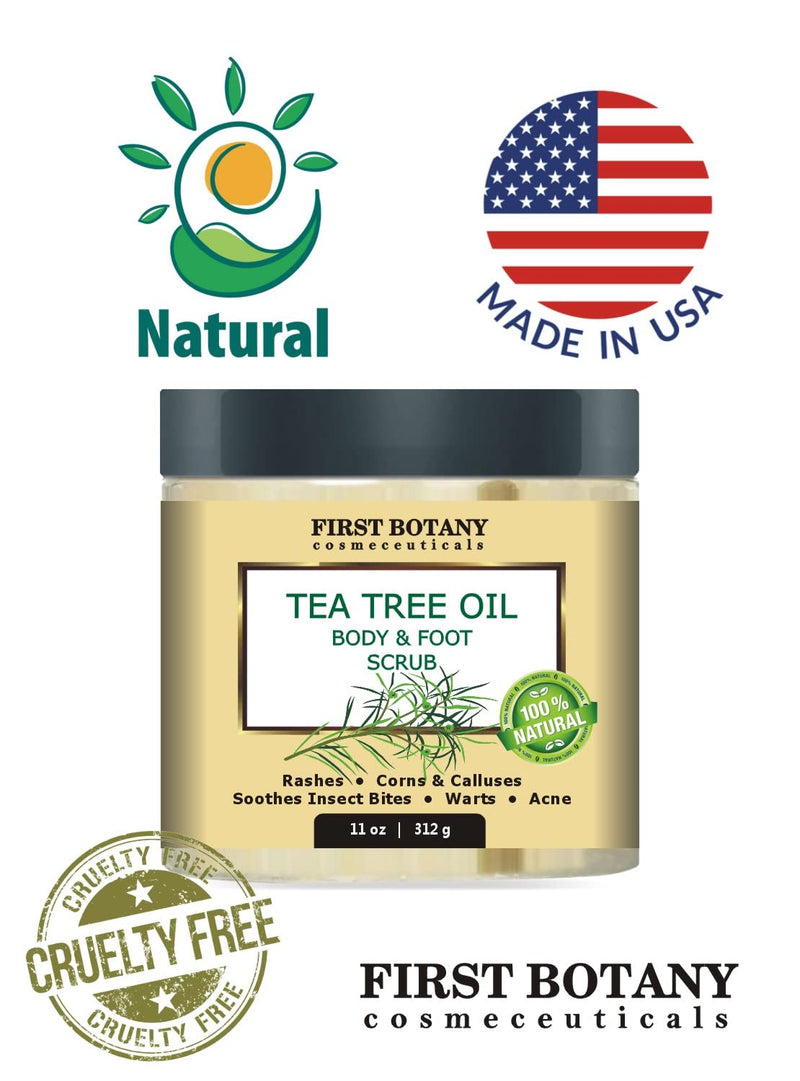 First Botany Cosmeceuticals, 100% Natural Tea Tree Oil Body & Foot Scrub with Salt - Best for Acne, Dandruff and Warts, Helps with Corns, Calluses, Athlete foot, Jock Itch & Body Odor - BeesActive Australia