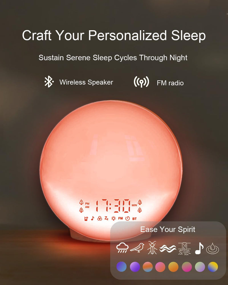 Sunrise Alarm Clock, Digital Alarm Clock Wake Up Light Dual Alarms an with Radio, Brightness Adjustable Night Light Sunrise/Sunset Simulation 7 Natural Sounds Colorful Lamp FM Radio USB Charger Port White - BeesActive Australia