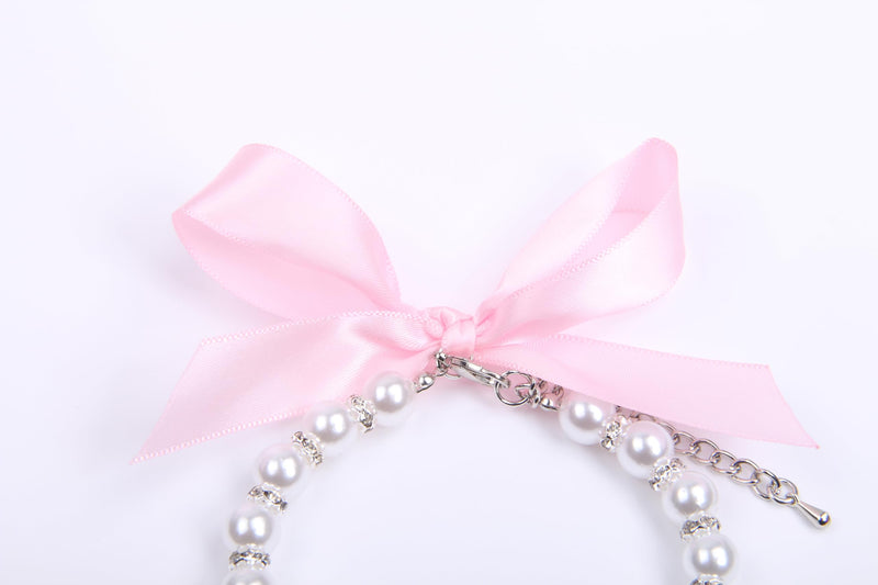 Dog Cat Pearls Necklace Collar with Rhinestones Bone Charm Pendant Pet Puppy Jewelry Accessory (Pink, Small) Pink - BeesActive Australia