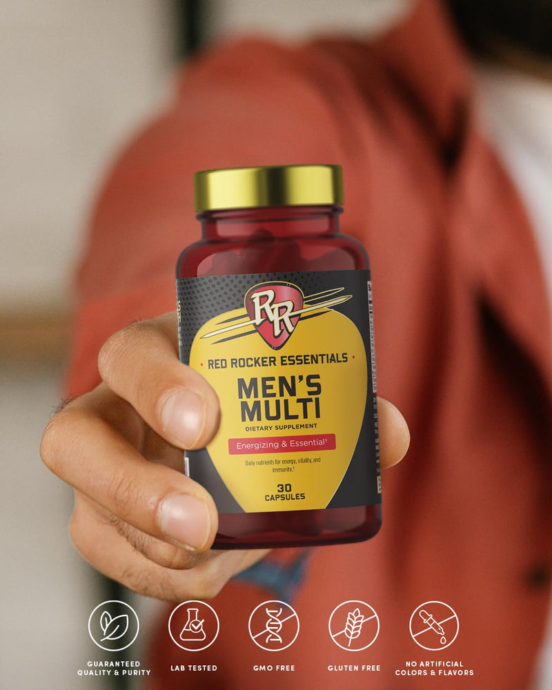 Red Rocker Essentials Men's Multi - Methylated B12 & Folate with Saw Palmetto, 95% Curcumin Turmeric & Lycopene - Prostate, Heart & Energy Support - Once Daily - 30 Capsules