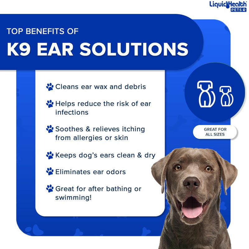 LIQUIDHEALTH Pets K9 Dog Ear Cleaner Wash Solutions - Infection Cleaning Hygiene Treatment Liquid Drops for Dogs, Canines, Puppies - for Use After Swimming or Bathing - Made in The USA (8 oz, 1Pack) 8 oz - 1 pack