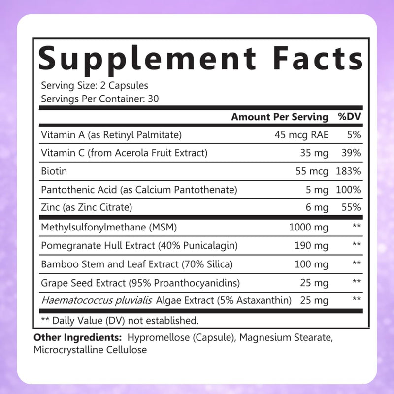 Sarez Skin Longevity Complex — Astaxanthin, MSM, Pomegranate Punicalagins & Bamboo Silica — Supports Collagen Production and Protection, Beauty Supplement for Hair, Skin & Nails, 60 Capsules