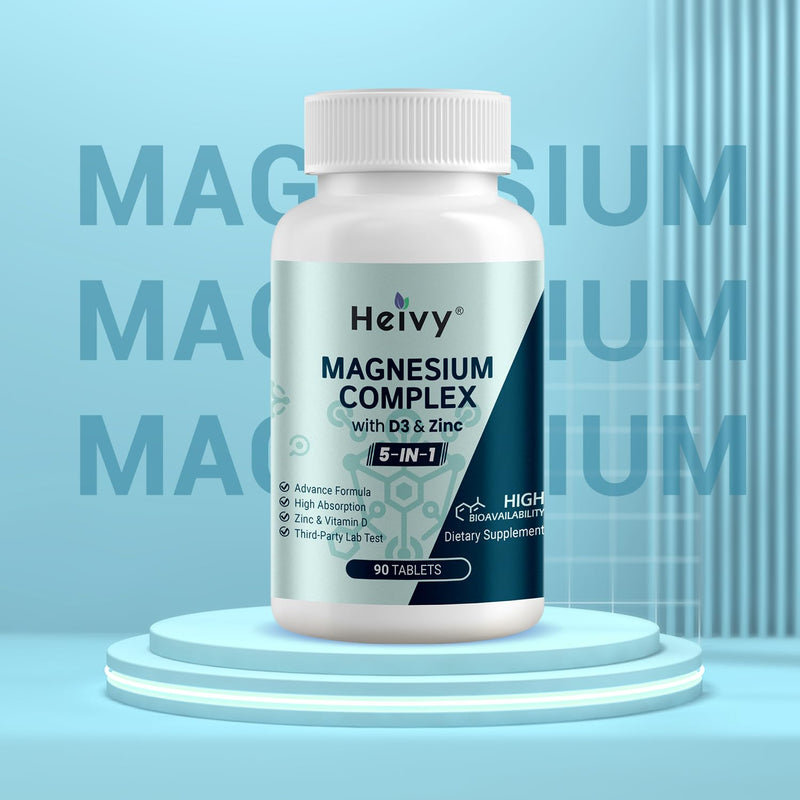 Heivy Magnesium Complex 2 Pack, Magnesium Glycinate, Citrate, Malate, Oxide, Gluconate with Zinc and Vitamin D3, Magnesium Supplement for Muscle, Nerve, Heart, Bone Support, High Absorption Unflavored 90 Count (Pack of 2)