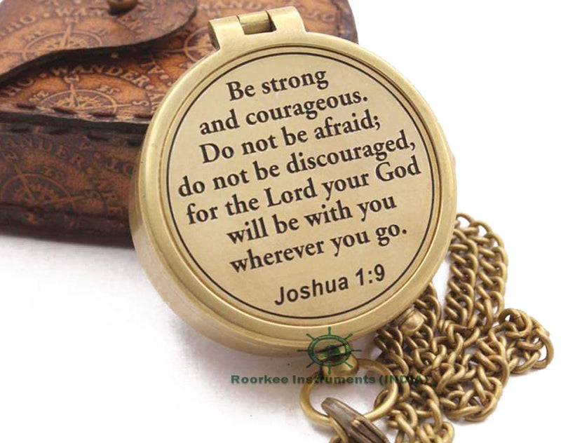 Compass – Brass Directional Vintage Compass Engraved with “Be Strong and Courageous” Joshua 1:9 Bible Verse, Baptism 2026 Communion Christian Inspirational Gifts for Women/Men Be Strong- Leather Case