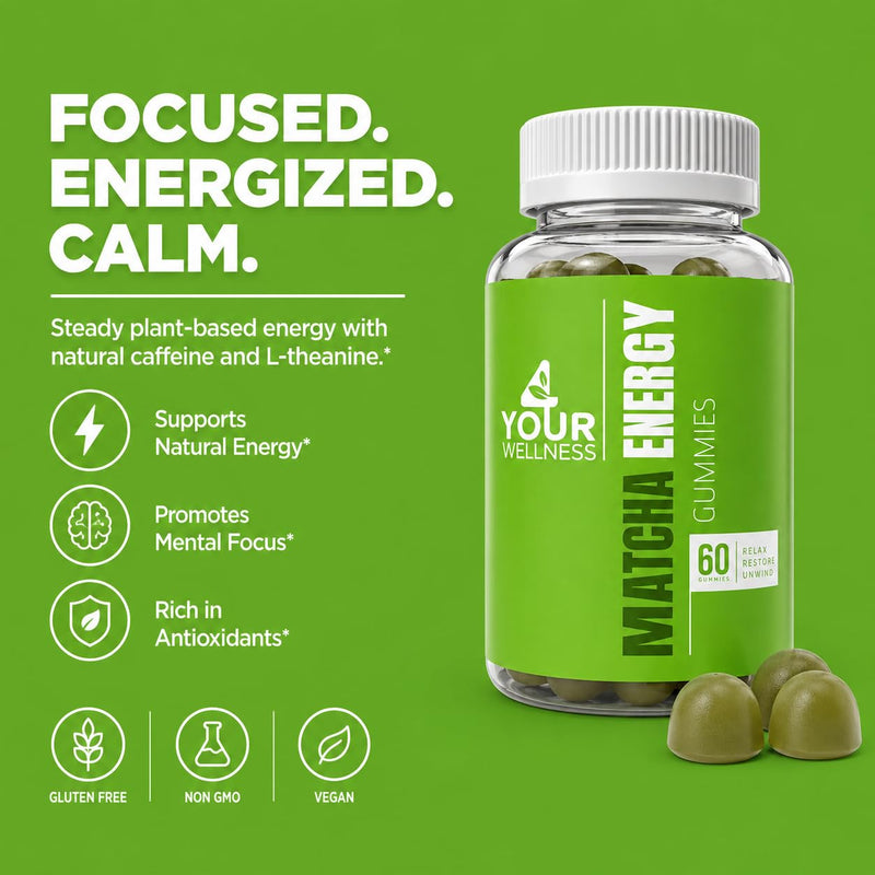 Matcha Green Tea Energy Gummies B12 CoQ10 60 Count | Vitamin B12 and B3, CoQ10, green tea extract, vegan, non GMO, gluten free, Kosher certified, energy and metabolism support Matcha 60 Count (Pack of 1)