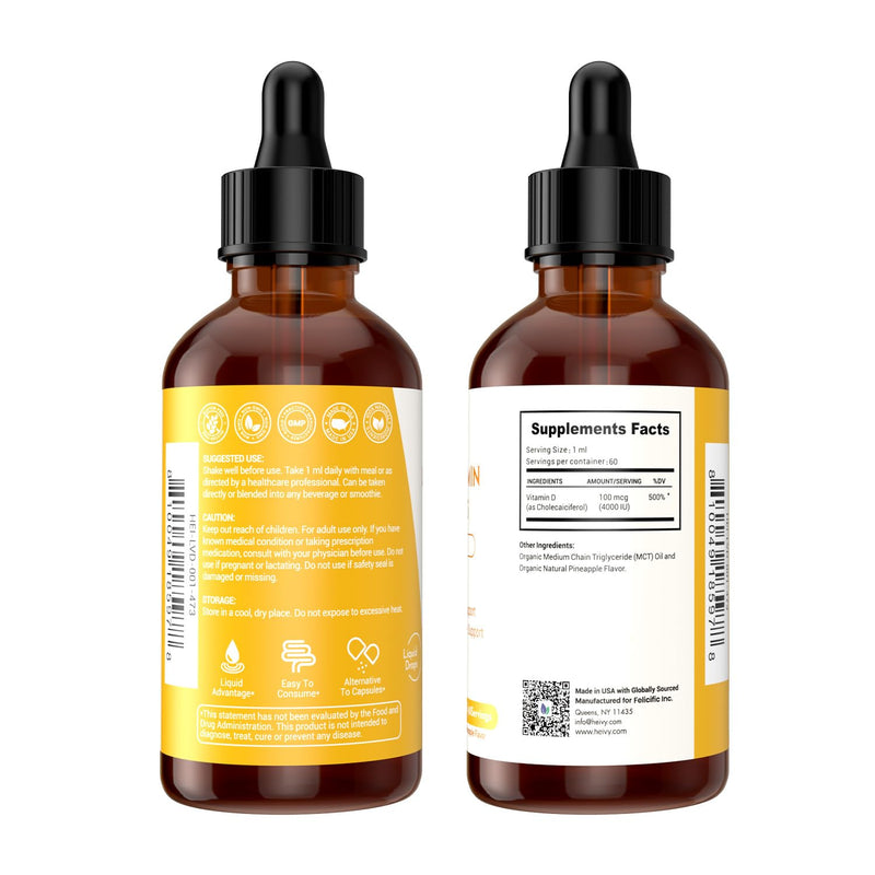 Heivy Liquid Vitamin D Drops 4000 IU (100 mcg), 2 Fl Oz (60ml) | Vitamin D3 for Bone Health Support, Pineapple Flavor Vegan VIT D3 Drops, Made in USA 2 Fl Oz (Pack of 1)