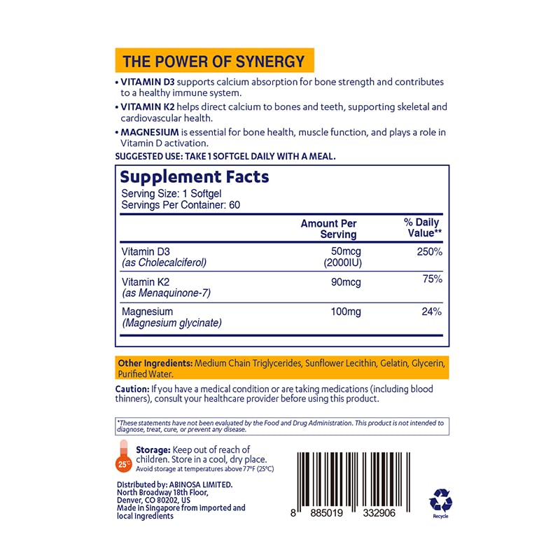 DR.AUSTIN Liposomal Vitamin D3 K2 Magnesium Complex, Vitamin D3 2000 IU, K2 MK-7 90 mcg & Magnesium Glycinate 100 mg, Bone, Immune & Muscle Support Supplement, Once Daily Softgels, 60 Count