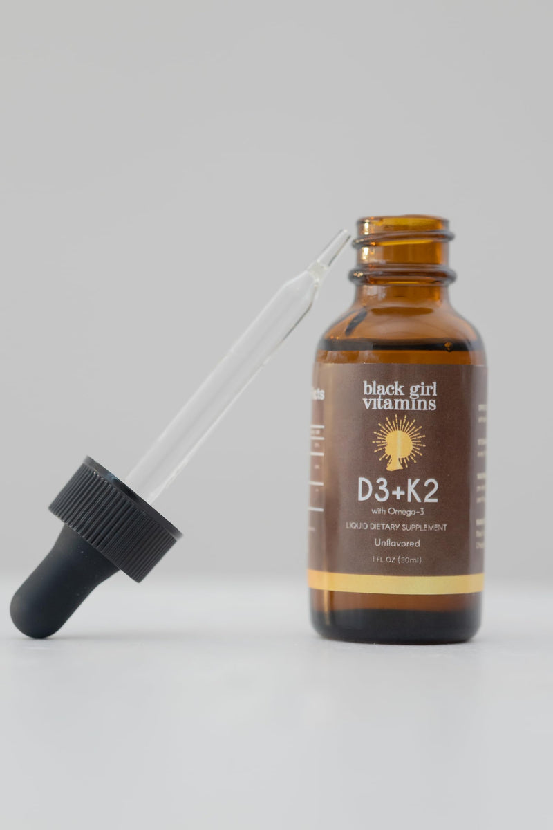 Black Girl Vitamins Vitamin D3 K2 Drops (125mcg Each) with Omega 3 – Liquid D3 K2 (MK7) Daily Supplement, Concentrated Unflavored Drops, Vegan (30-Day Supply)