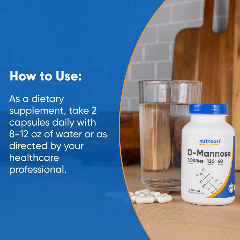 Nutricost D-Mannose (1,000mg Per Serving) 120 Capsules, 60 Servings | 500mg Per Capsule, Urinary Tract Health, GMO-Free, Gluten-Free 120 Count (Pack of 1)