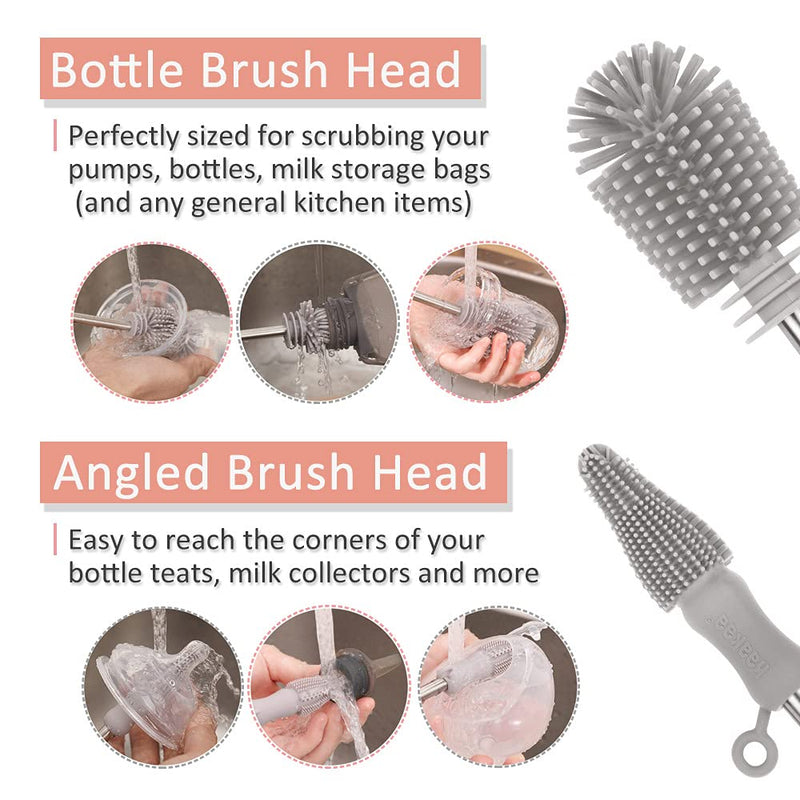haakaa Cleaning Brush Silicone Bottle Brush Double-Ended Soft Silicone Bristles for Breast Pumps, Breast Milk Collectors, Baby Bottles, Teats, Breastmilk Storage Bags, Detachable - Grey, 1pk Gray - BeesActive Australia