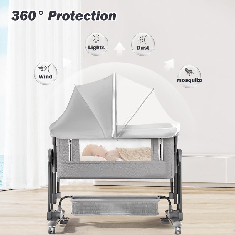 Bassinet Cover for Baby, Blockout Mosquito Net Cover with 2-Way Zipper, Portable Bassinet Canopy Cover for Cats to Keep Pet Out, Bug Net Cover for Bedside Sleeper Gray