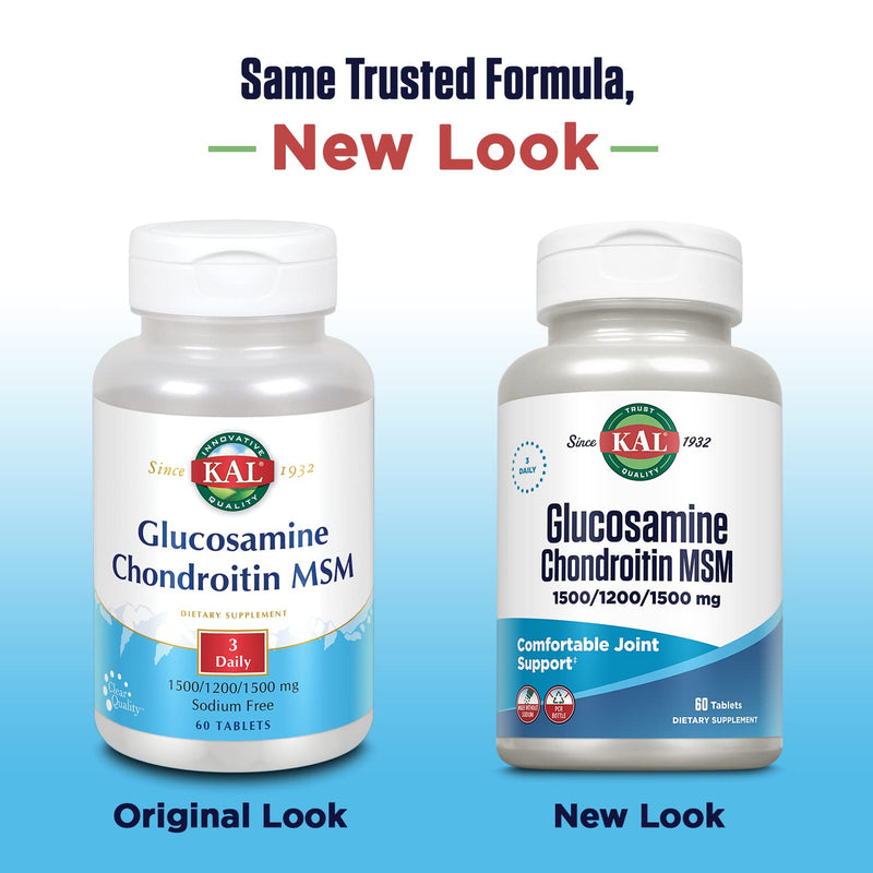 KAL Glucosamine Chondroitin MSM, Joint Support Supplement for Women and Men, 1500mg Glucosamine Sulfate, 1200mg Chondroitin, MSM, Rapid Disintegration, 60-Day Guarantee, 20 Servings, 60 Tablets 60 Count (Pack of 1)