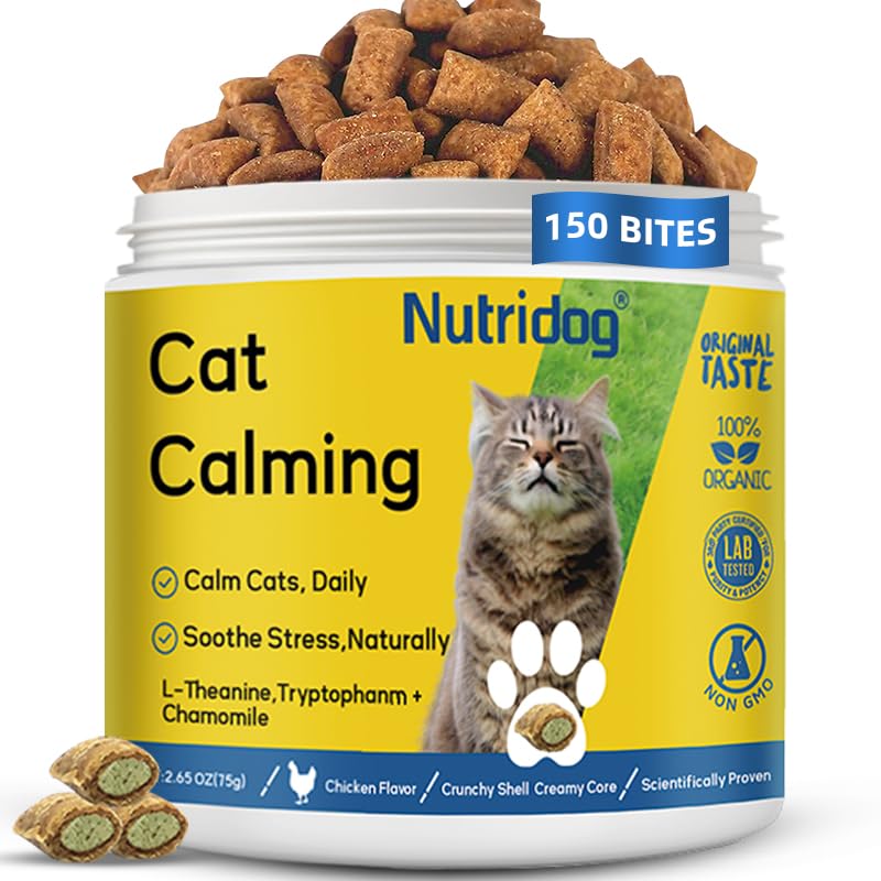 Cat Calming Treats 150 Count – L-Theanine 60mg + Tryptophan & Chamomile for Anxiety, Stress & Aggression Relief, Dual-Texture Chicken Flavor, All Breeds & Ages
