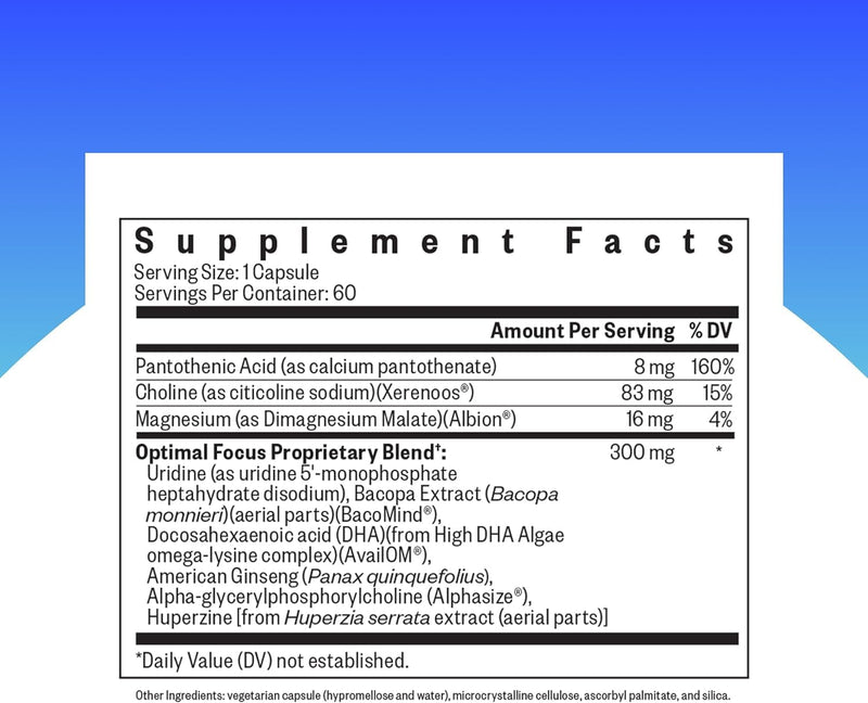 Seeking Health Optimal Focus, Stimulant-Free and Caffeine-Free Nootropic Support for Memory and Focus, with Choline, DHA from Algae, American Ginseng, Vegan and Vegetarian (60 Capsules)