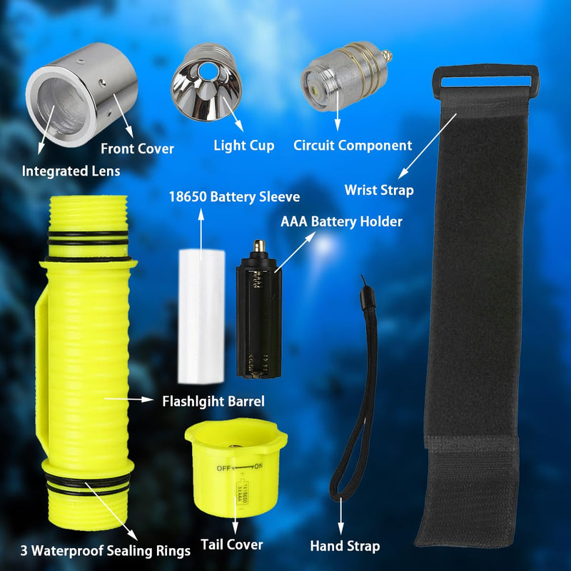 NAKCNM WishDeal 2 Pack Diving Flashlight Underwater LED Scuba Dive Lights Super Bright IPX8 Waterproof 3 Modes for Outdoor Activities with Rechargeable Battery and Charger - BeesActive Australia