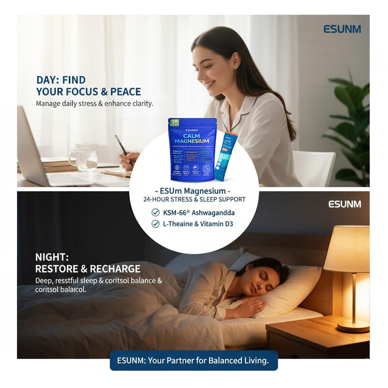 ESUNM Calm Magnesium Drink Mix Packets, Magnesium Glycinate with KSM-66 Ashwagandha, L-Theanine, GABA, Saffron & Vitamin D3, Relaxation, Mood & Sleep Support, Raspberry Lemonade, 20 Stick Packs