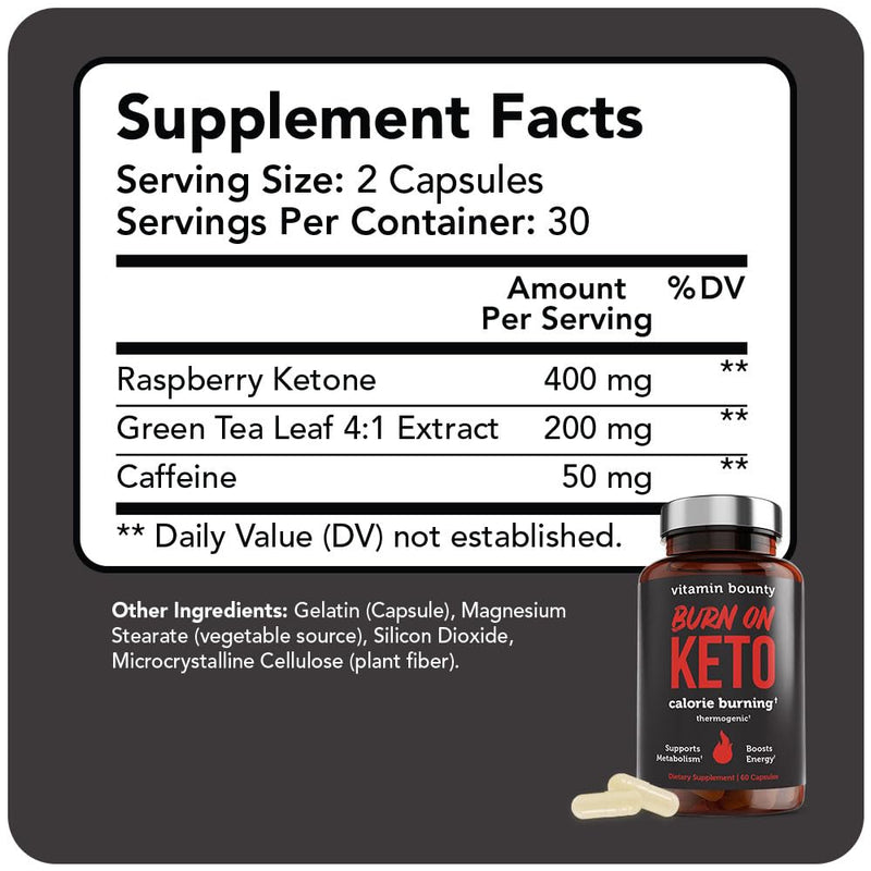 Vitamin Bounty Burn On Thermogenic Keto Fat Burner for Men & Women - Weight Loss Supplement with Raspberry Ketones - Metabolism Booster, Energy Pills, Appetite Suppressant - 60 Capsules