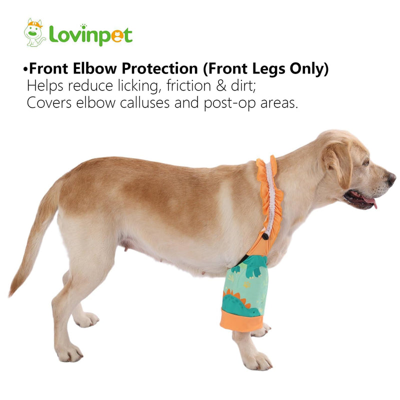 LovinPet Front Leg Sleeves for Medium and Large Dogs, 4-Way Stretch Elbow Protection, Anti-Lick Recovery, Warmth and Callus Prevention, Pair, Dinosaur Print, Orange Green,XXL Green Orange XX-Large