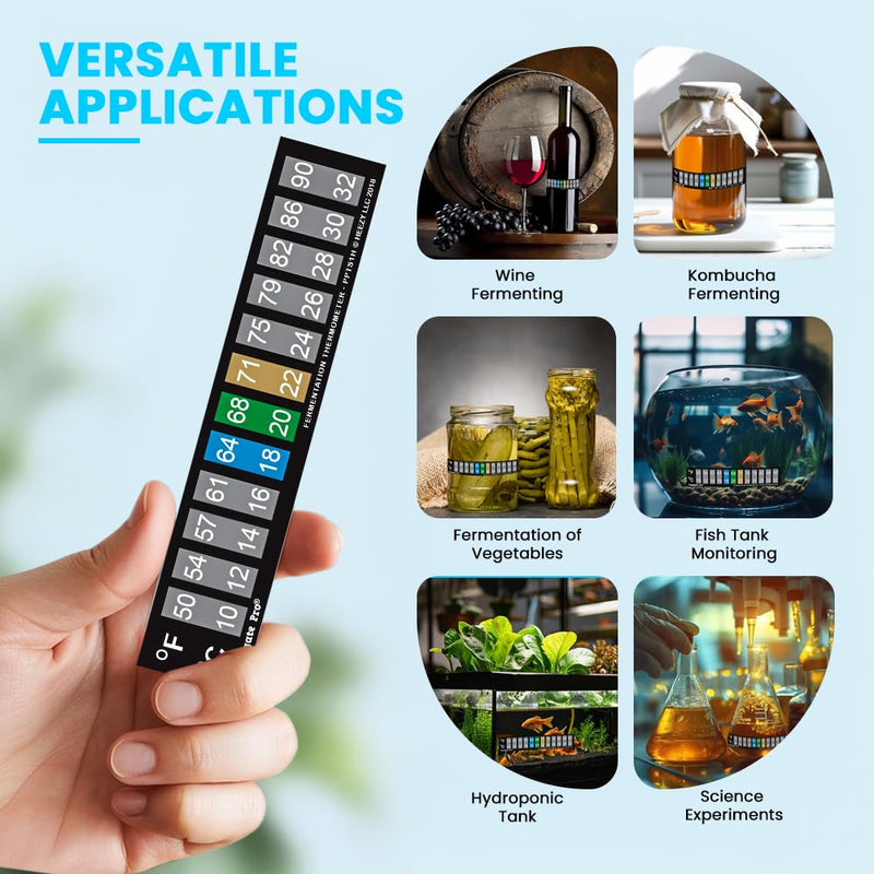 Horizontal Stick On Thermometer Strip, Digital Temperature Display for Fermenting, Brewing, Wine, Beer, Kombucha or Aquariums. 50-90F (10-32C) Adhesive Sticker 10 Pack (10)