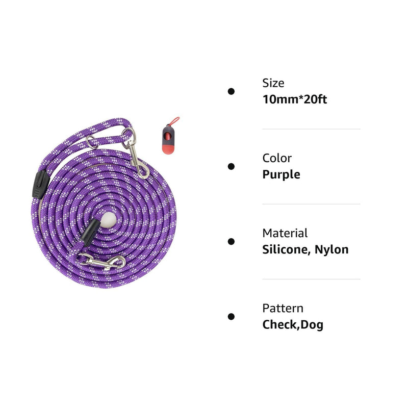 Long Rope Dog Leash for Dog Training 12FT 20FT 30FT 50FT, Reflective Threads Dog Leashes Tie-Out Check Cord Recall Training Agility Lead for Large Medium Small Dogs (Purple, 10mm*20ft) Purple - BeesActive Australia