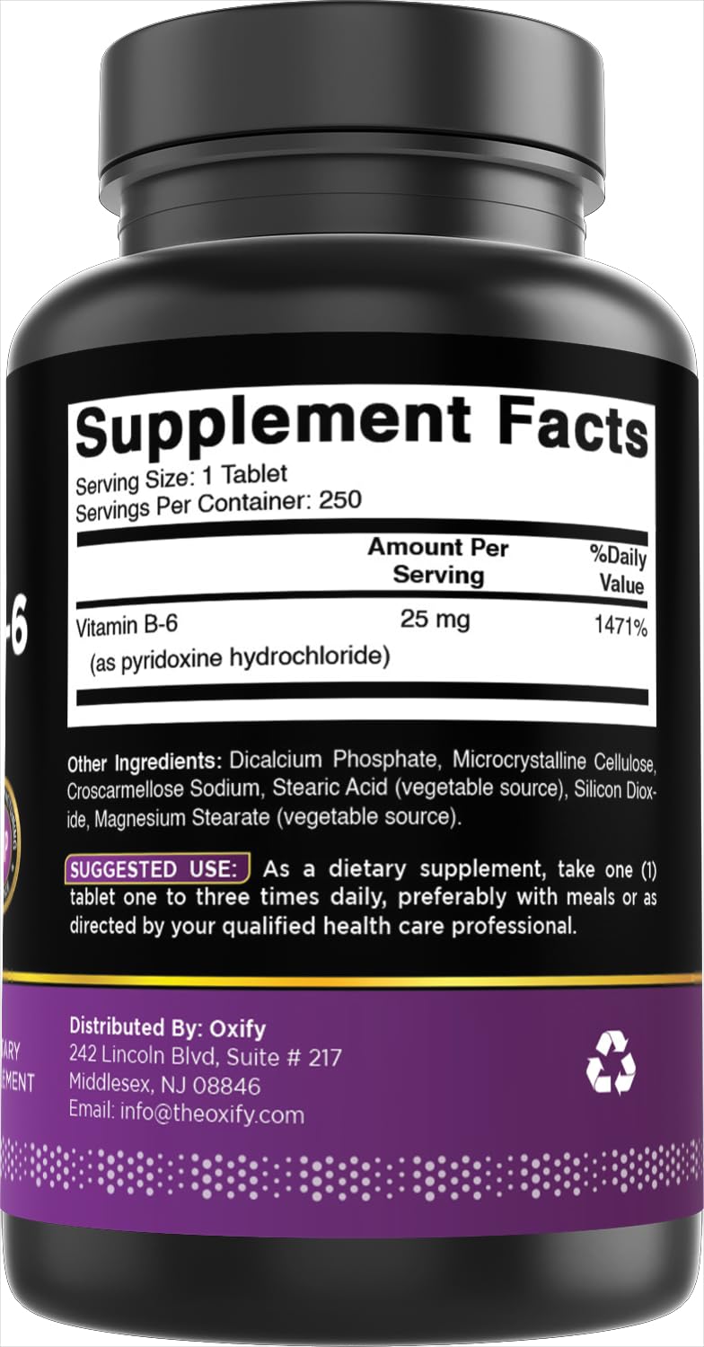 Oxify Vitamin B-6 25mg, 250 Tablets | Gluten-Free, Non-GMO, Made in USA