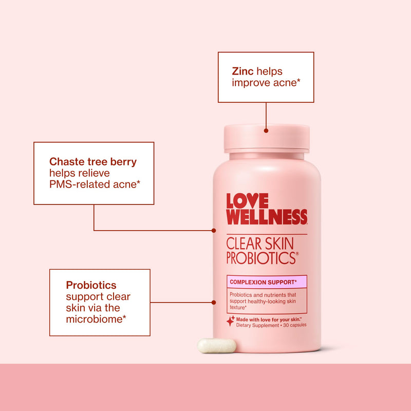 Love Wellness Clear Skin Probiotic| Zinc,Bifidobacterium,Chaste Tree| 30 Ct | BB536, Sugar free, No artificial colors, flavors & dyes