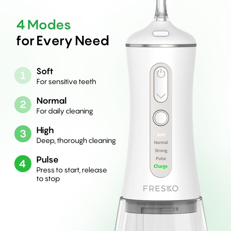 FRESKO Water Dental Flosser for Teeth, 300ML Flosser with Constant Pressure, Rechargeable Oral Irrigator Cleaner for Travel with 5 Jet Tips, IPX7 Waterproof White
