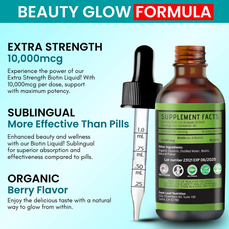 VITBOOST Liquid Biotin Drops 10,000mcg with Extra Strength - 60 Servings | Biotin Liquid for Hair Growth for Women & Men, Vegan Formula Supports Strong Nails and Healthy Skin